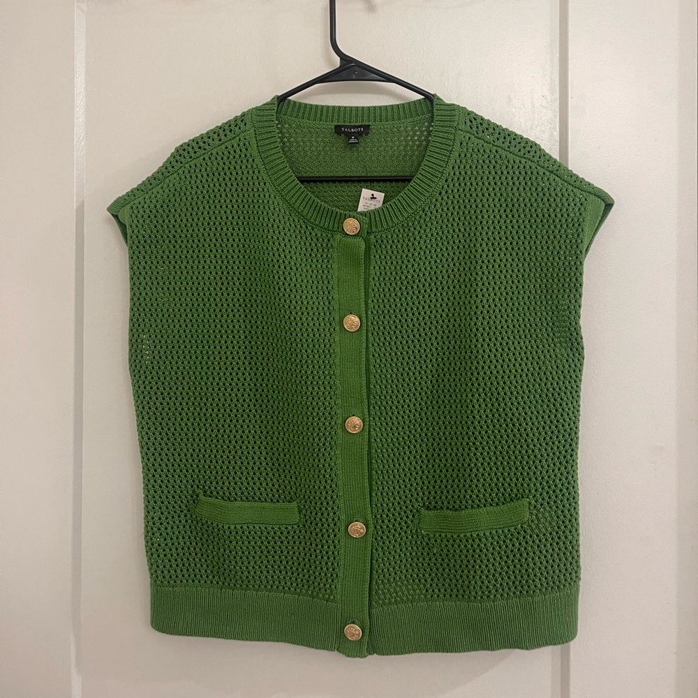Talbots NWT Old Money Green Knit Button-Front Sleeveless Sweater Vest